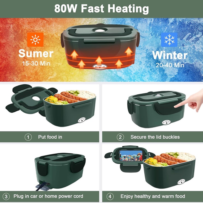 HOLDRUBY Electric Heated Lunch Boxes Adults: 80W Electric Lunch Box Food Heated 12/24/110V 1.5L Heatable Lunch Box for Car/Truck/Office Leak-Proof Stainless Steel Container,Fork & Spoon,Bag (Dark Green) - Image 4